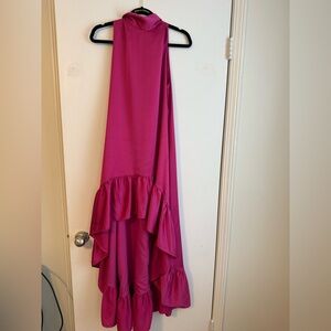 Belle Bagdley Mishka Harper Satin Mock Neck Sleeveless High Low Dress